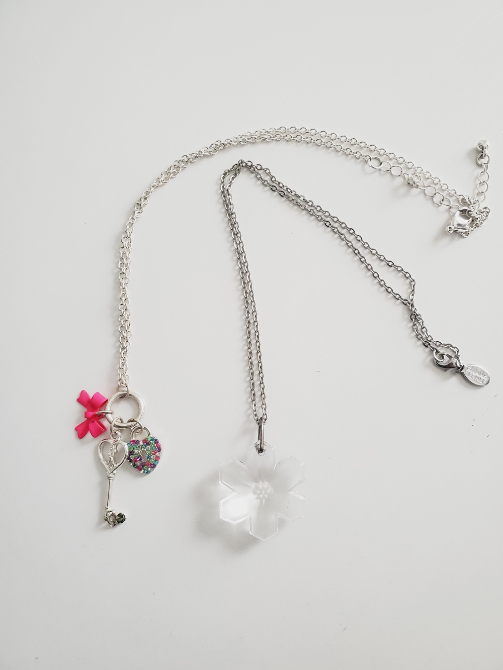 Silver Snow Pendant & Charm Necklace with Pink Bow - Set Of Two